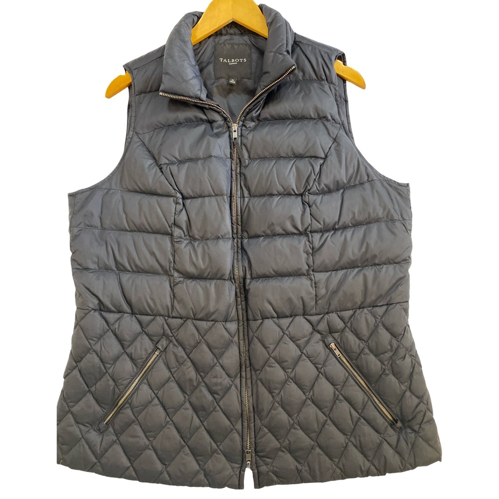 Talbots Plus 1X Black Down Puffer Vest Mixed Quilt Pockets‎ Cinched Back Classic - Picture 9 of 10